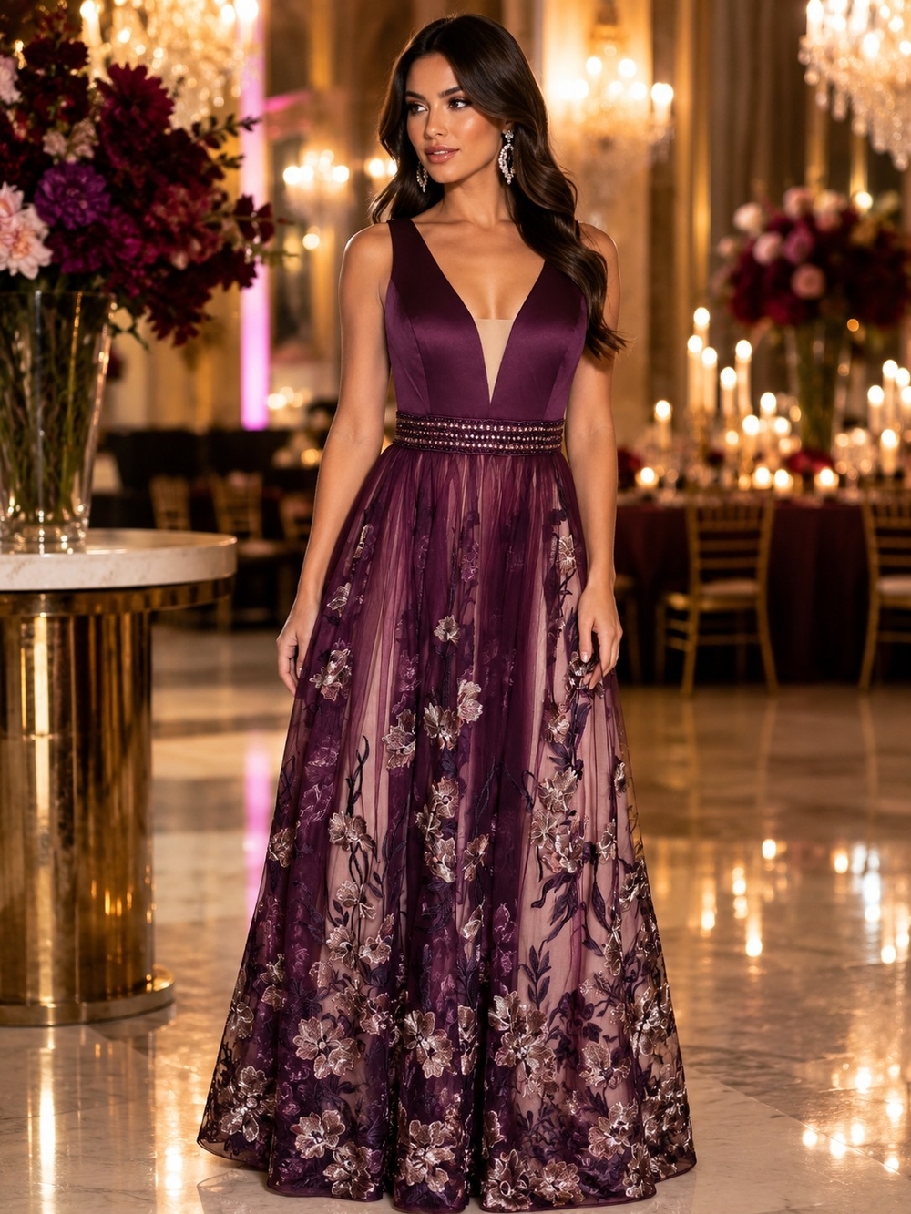 Basix Black Label Plum Floral Embroidered Evening Gown Size 8 Gala Glamour
